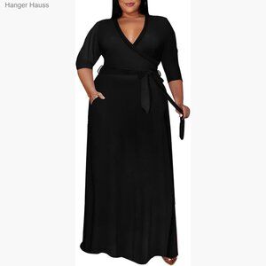Plus Size V-Neck Maxi Dress with Belt, 3/4 Sleeve, Polyester Spandex